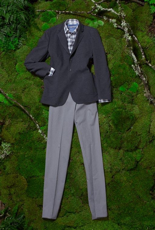 HICKEY FREEMAN piqué knit soft coat with side vent in oxford gray, $595. Cotton plaid shirt in black, white, and gray, $165. LEFT COAST TEE short-sleeve crewneck in cobalt, $65. HILTL Dorigo washed linen twill pant in gray, $265.